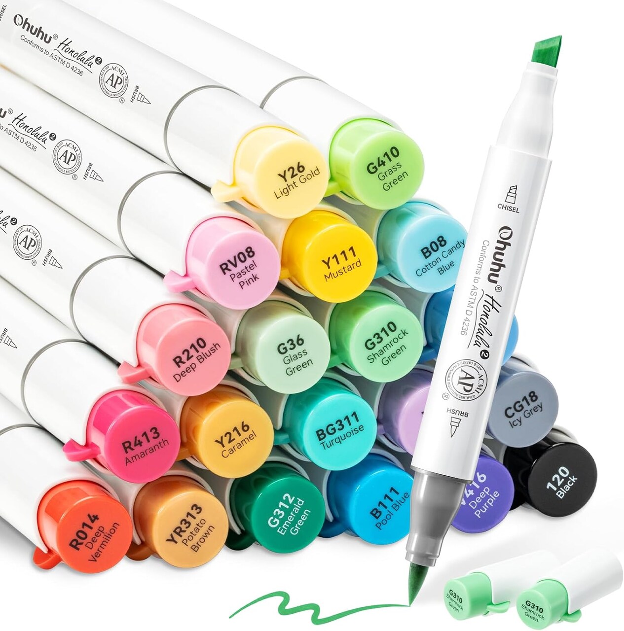 Ohuhu Alcohol Markers Brush Tip, AP Certificated 24 Basic Colors Double Tipped Alcohol Based Art Marker Set for Artist Sketching Adult Coloring Illustration - Brush and Chisel/ Brush & Fine Dual Tips - Honolulu 2/ Honolulu 2B